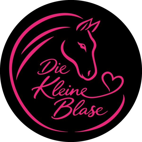 Logo Die Kleine Blase: Pferdekopf mit Herz in Pink auf Schwarz